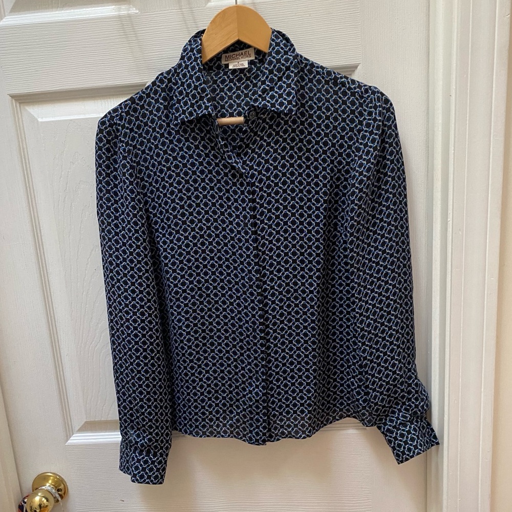 Michael Kors Blue button down silk top black white patterned